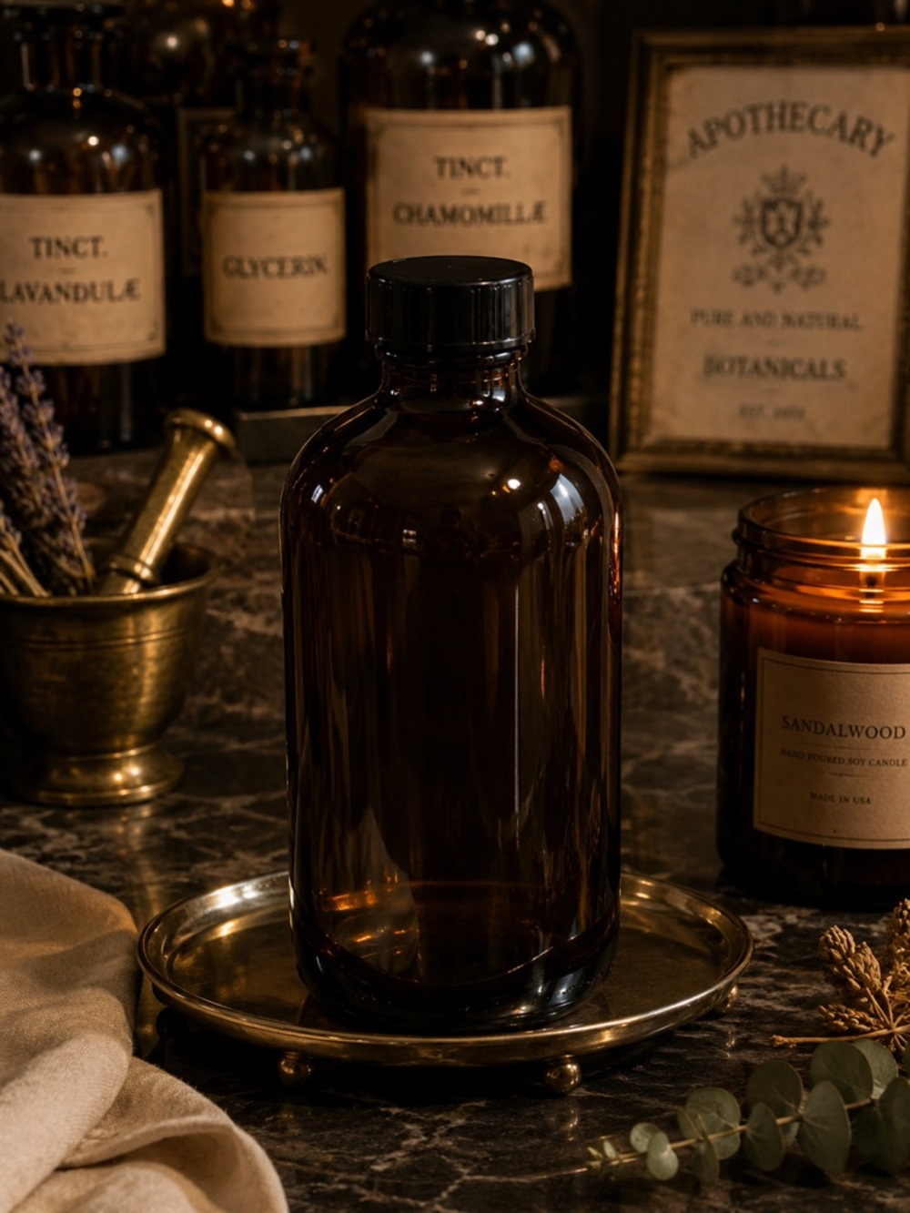 Amber Glass Bottle with Black Cap – Apothecary Style Storage Jar